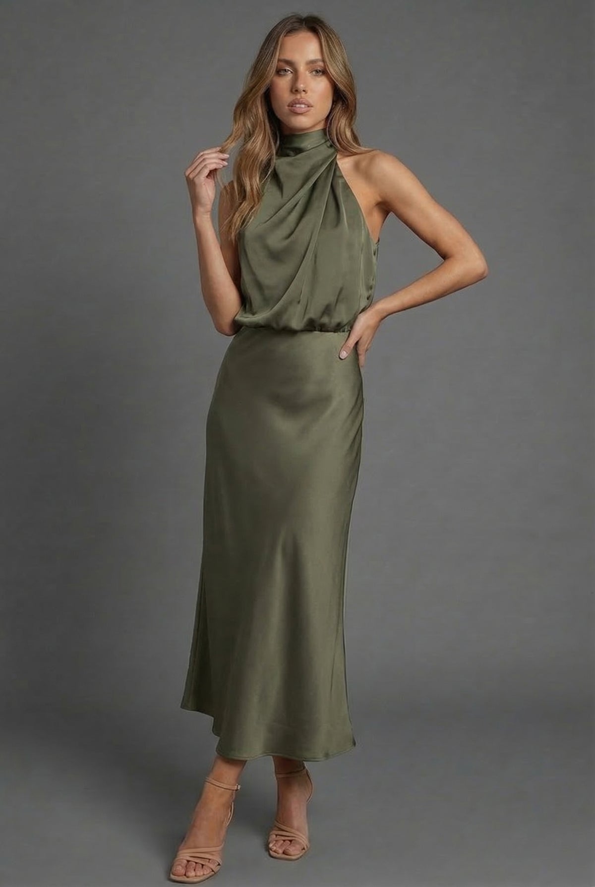 Halterneck Satin Style Wedding Guest Midi Dress