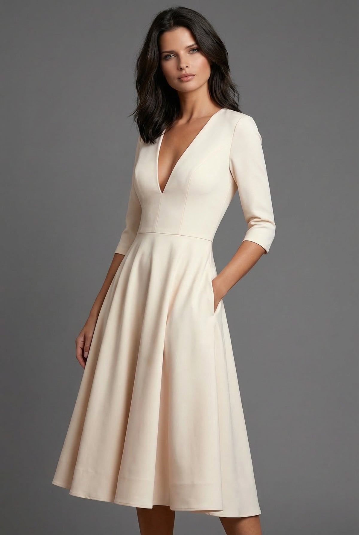 Women’s Elegant White Wedding Guest A-Line Flared Midi Dress