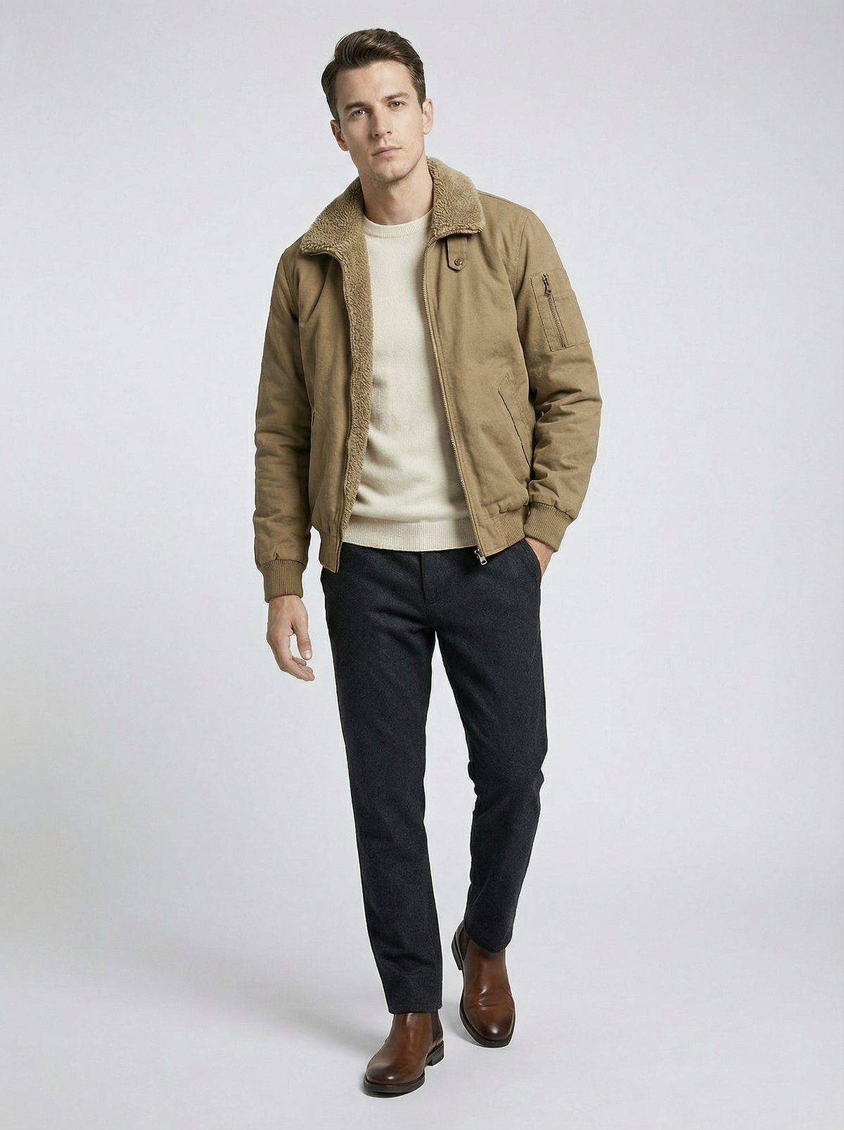 Men’s Tan Sherpa-Lined Warm Fleece Winter Jacket