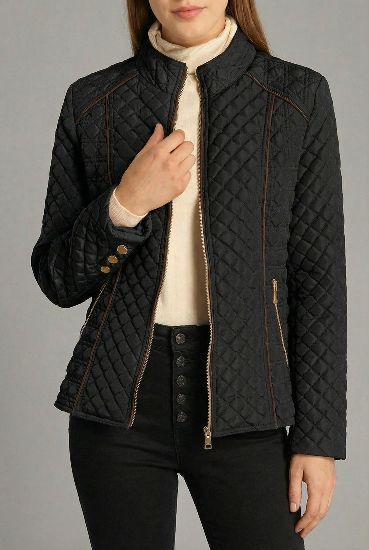 Diamond Quilted Stand Collar Zip Jacket Women