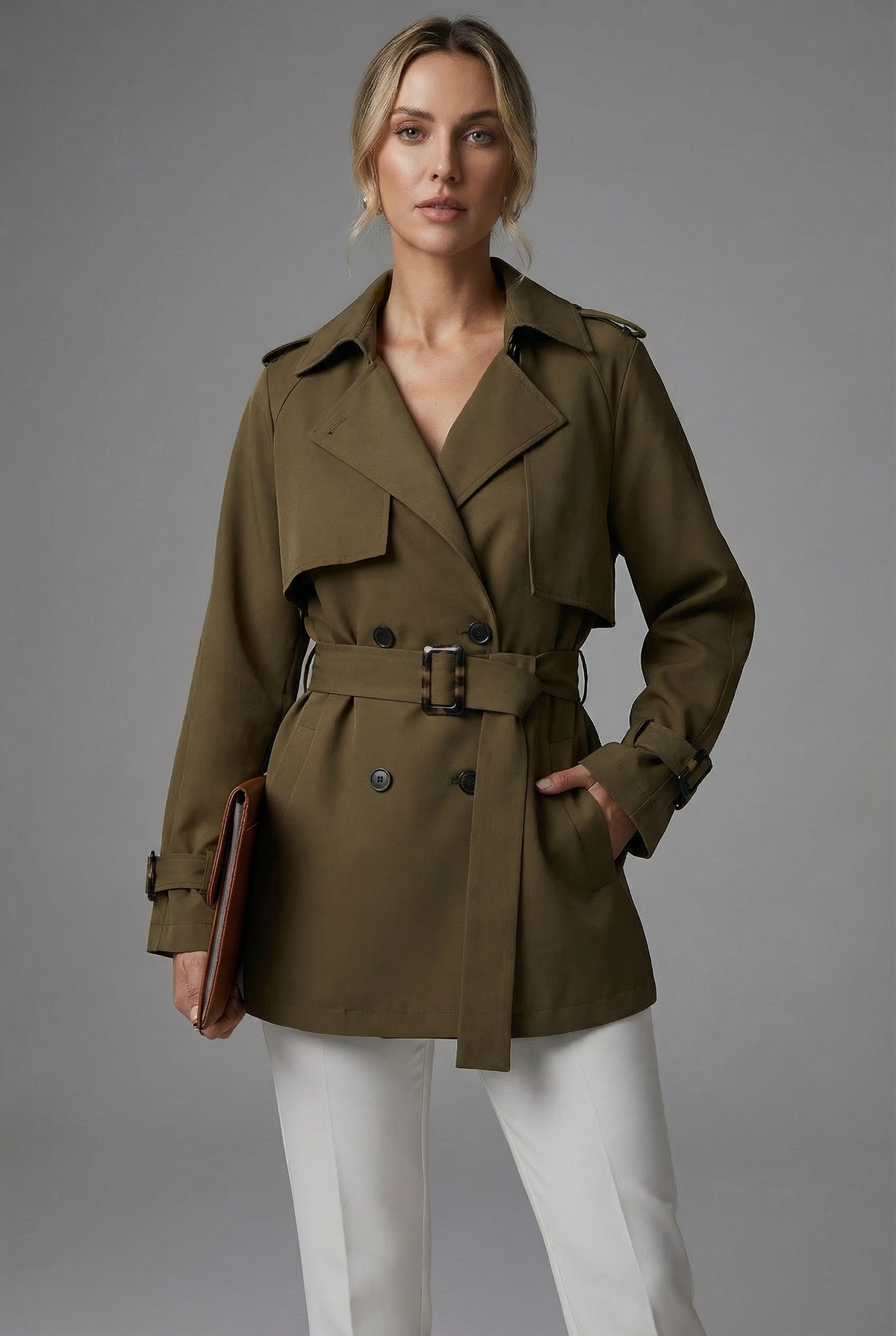 Women’s Military Green Mid Length Belted Trench Coat