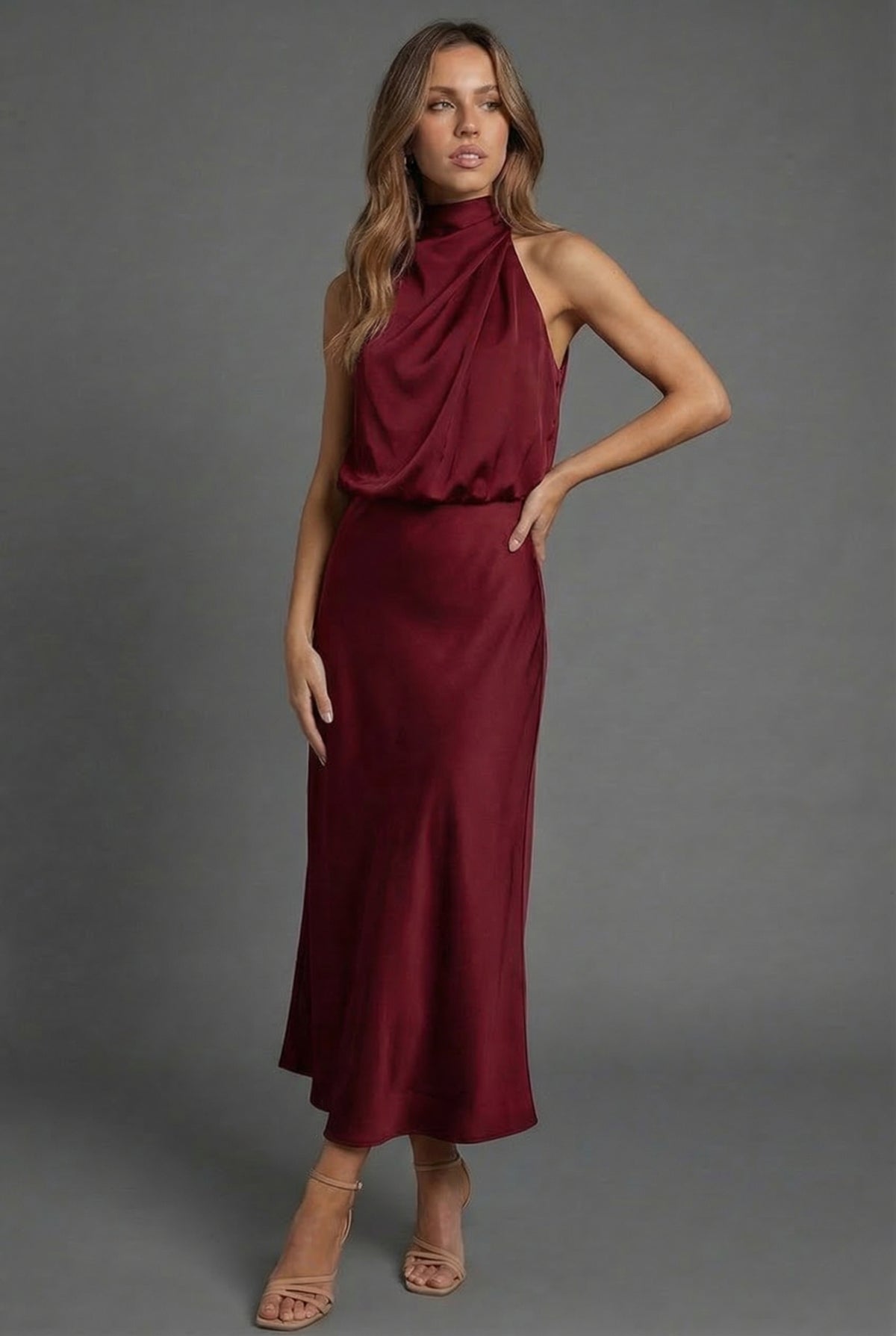 Halterneck Satin Style Wedding Guest Midi Dress