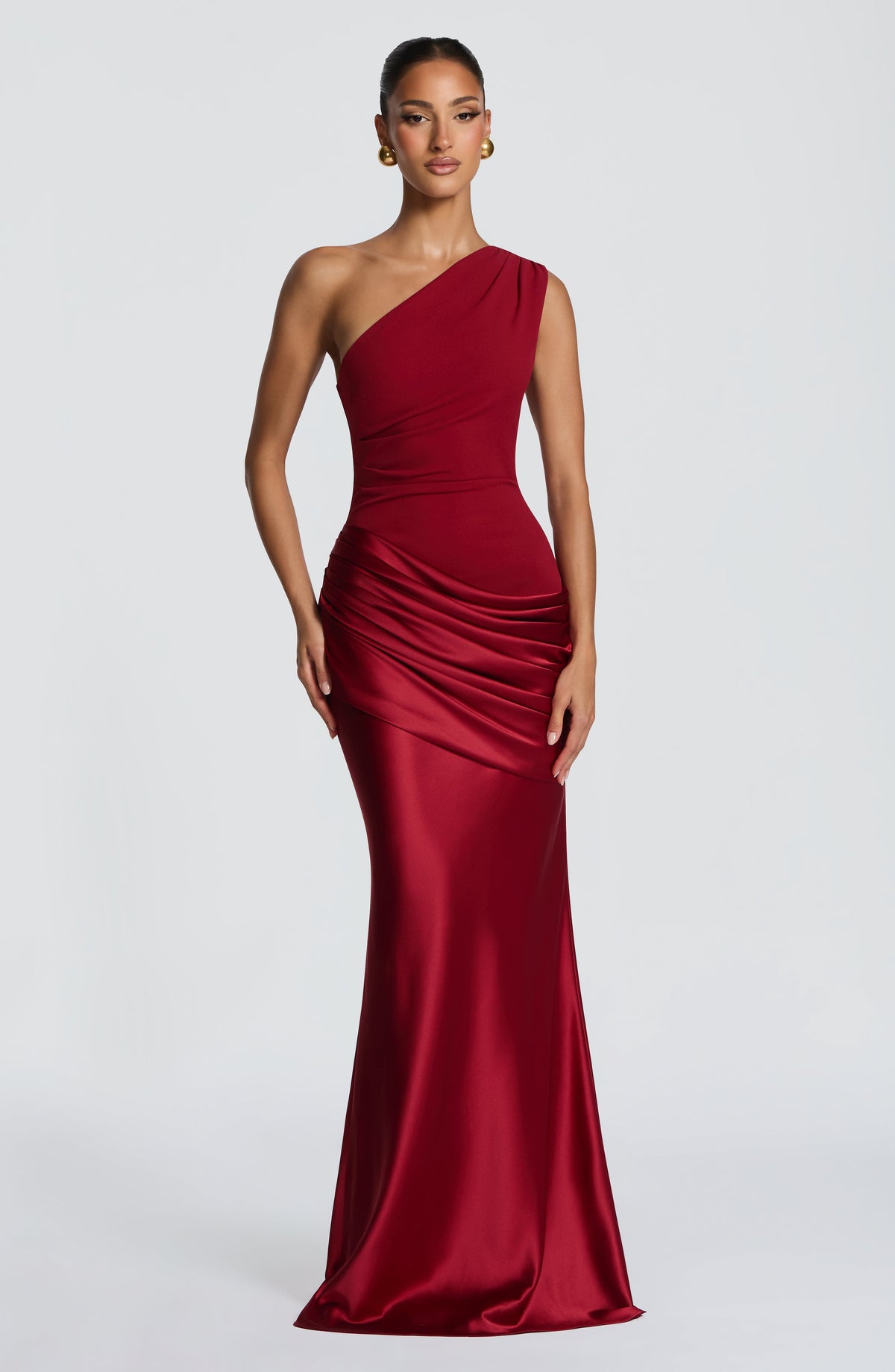 One Shoulder Ruched Draped Satin Style Graduation Dress