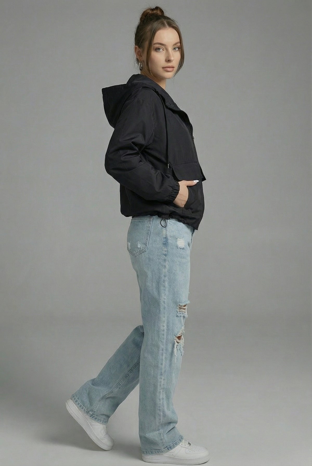 Women’s Black Cropped Spring Jacket Lightweight Hooded Casual Outerwear