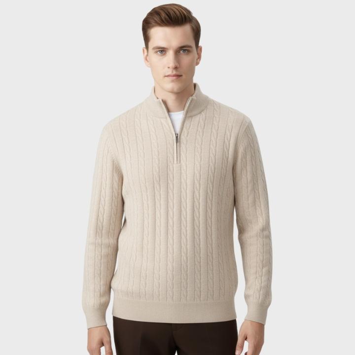 Men's Neutral Textured  Quarter Zip Cable Knit Embroidery Jumper