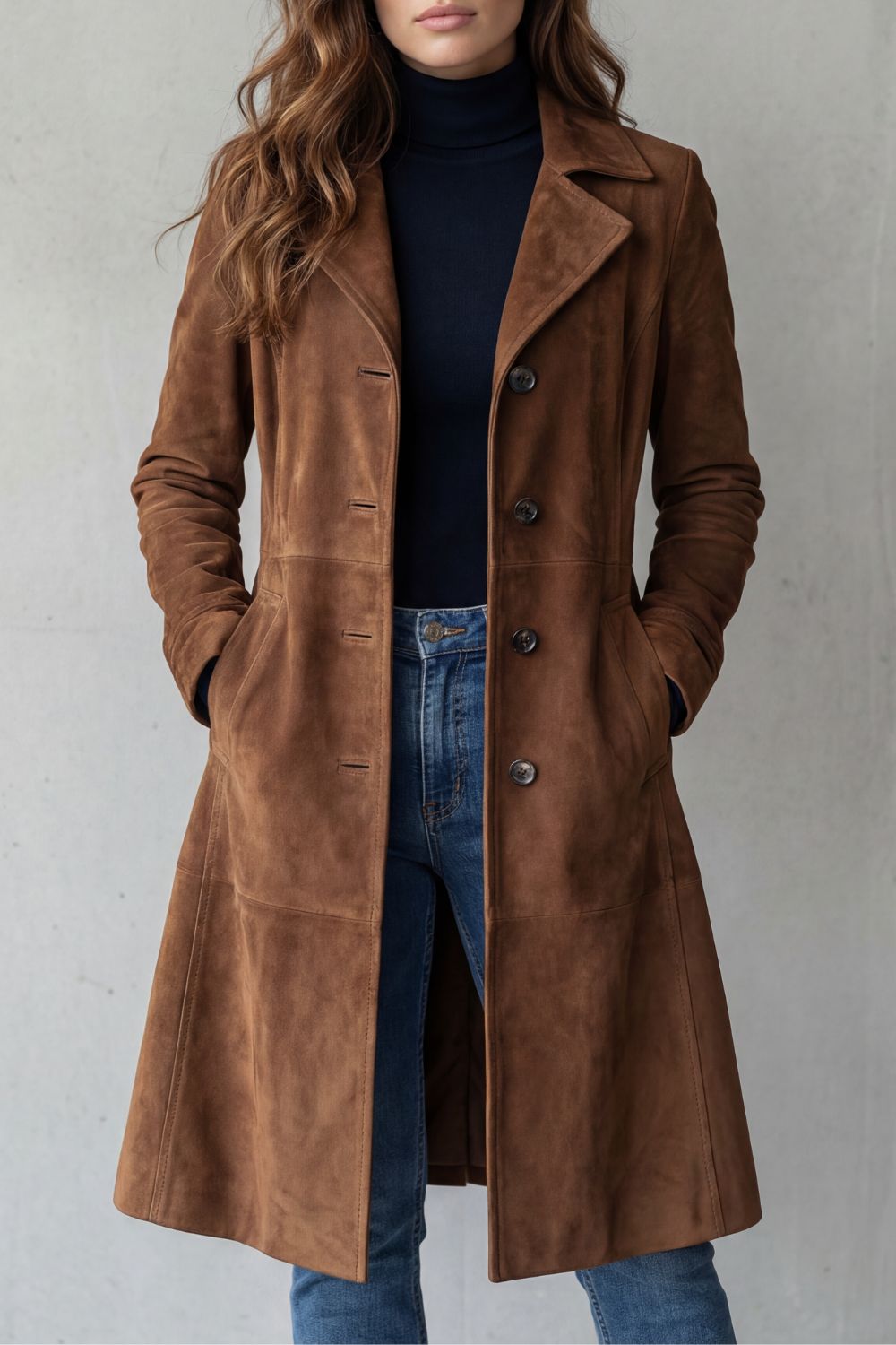 Suede Style Longline Coat With Textured Finish Women
