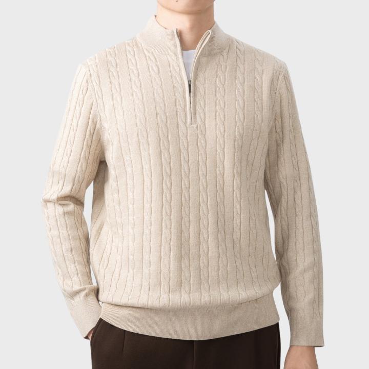 Men's Neutral Textured  Quarter Zip Cable Knit Embroidery Jumper