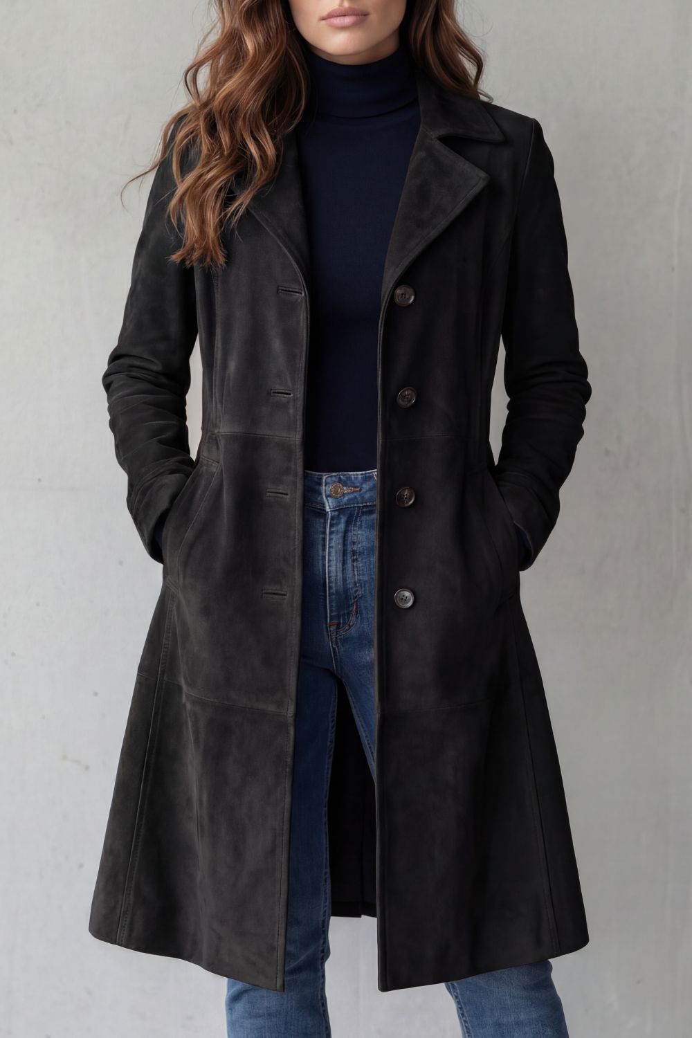 Suede Style Longline Coat With Textured Finish Women