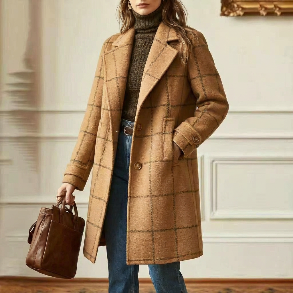 Check Print Tailored Wool Style Coat Women