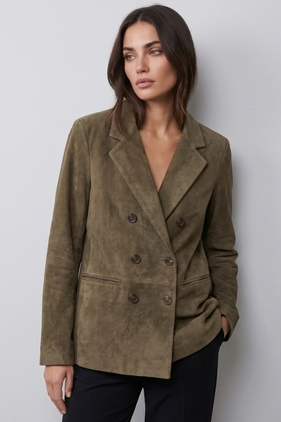 Women’s Khaki Double-Breasted Casual Blazer Jacket