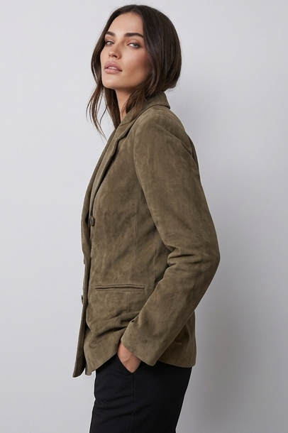 Women’s Khaki Double-Breasted Casual Blazer Jacket