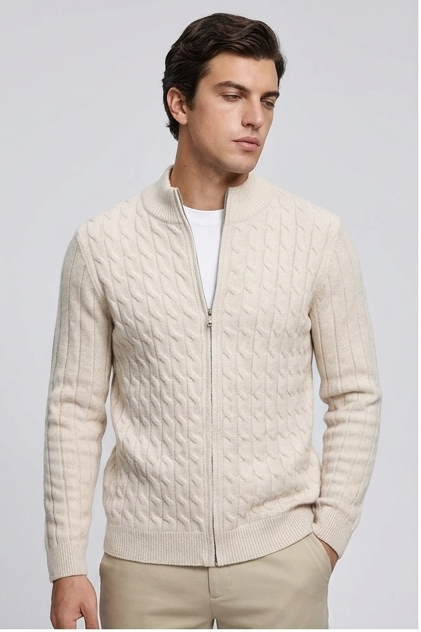 Cable Knit Wool Cardigan With Ribbed Cuffs Men