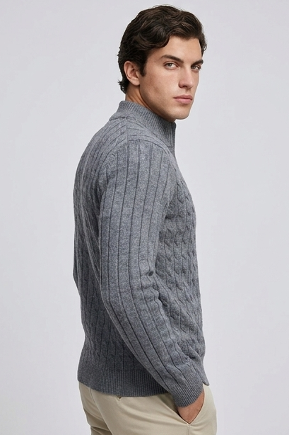 Cable Knit Wool Cardigan With Ribbed Cuffs Men