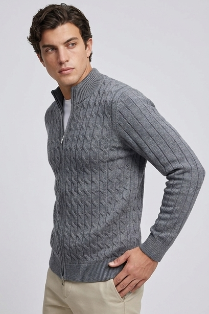 Cable Knit Wool Cardigan With Ribbed Cuffs Men