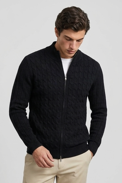 Cable Knit Wool Cardigan With Ribbed Cuffs Men