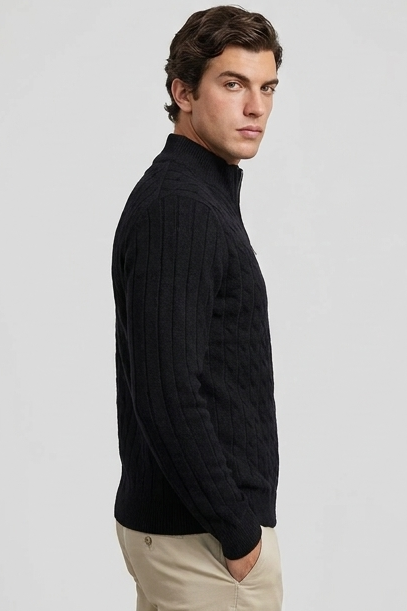 Cable Knit Wool Cardigan With Ribbed Cuffs Men