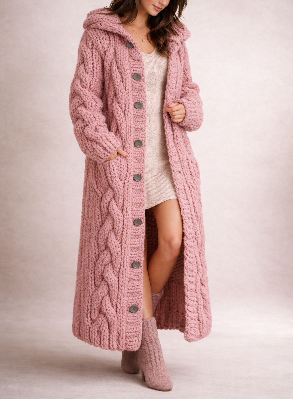 Oversized Cosy Cable Knit Longline Hooded Vest Women