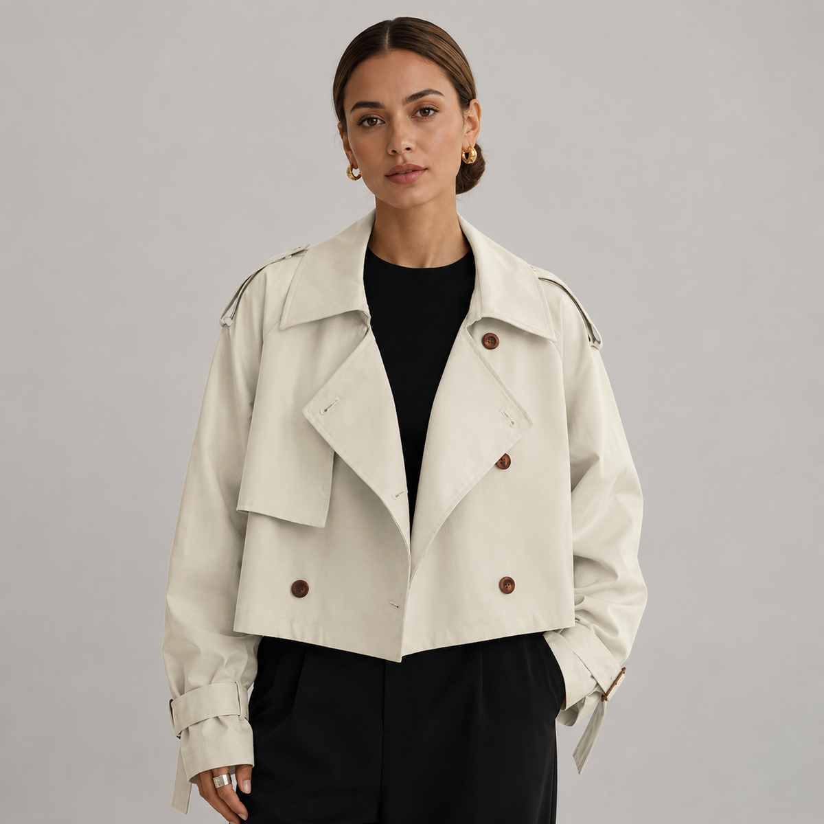 Cropped Oversized Notch Lapel Trench Coat Women