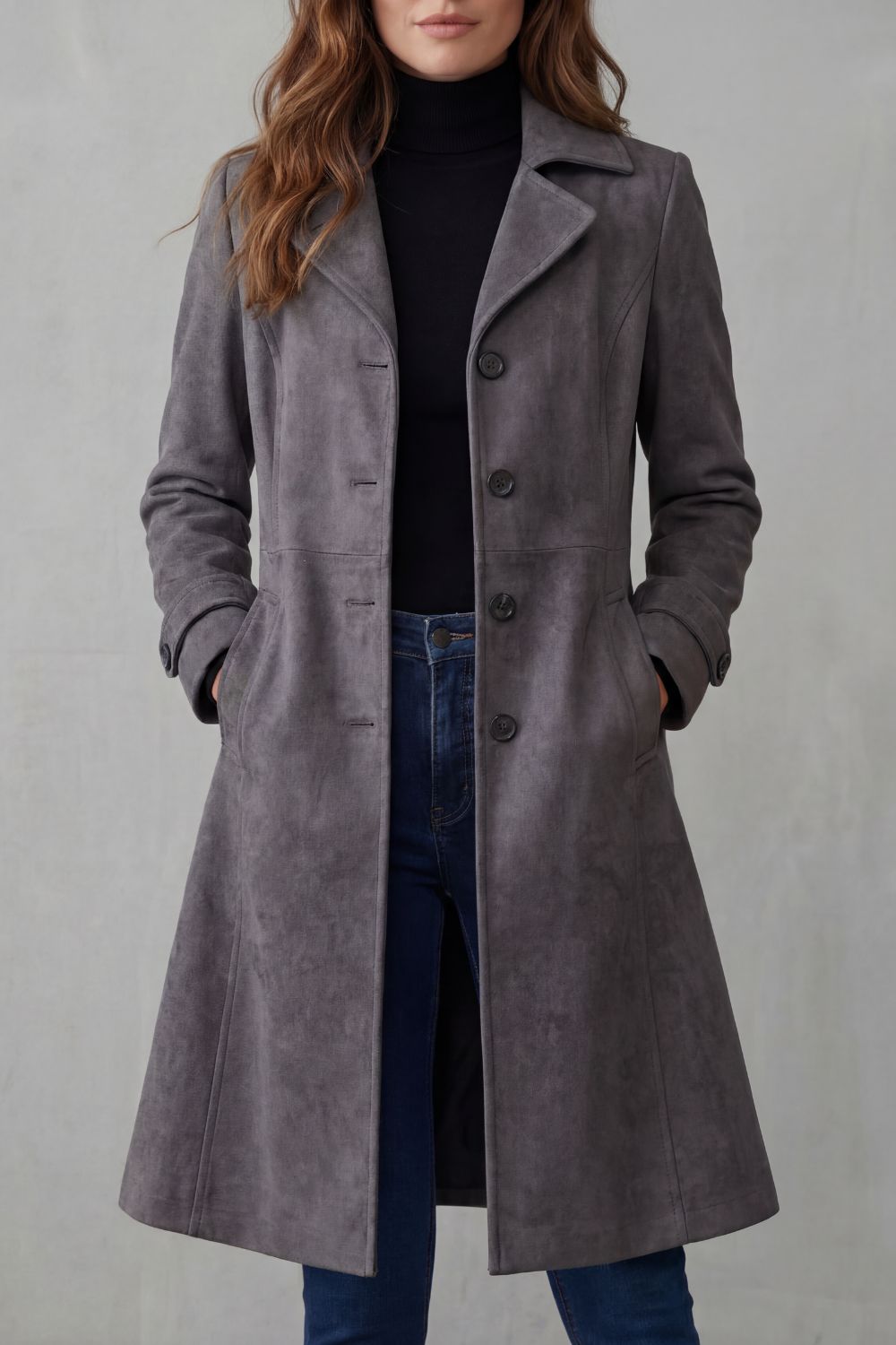 Suede Style Longline Coat With Textured Finish Women