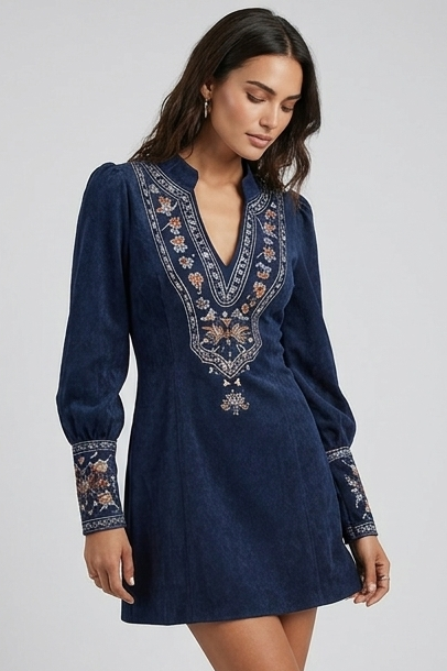 Embroidered Lantern Sleeve V-Neck Mini Occasion Dress