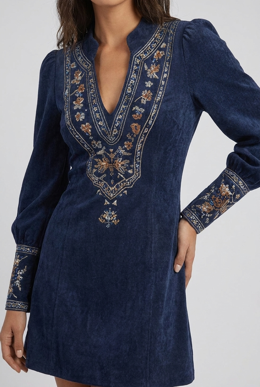 Embroidered Lantern Sleeve V-Neck Mini Occasion Dress