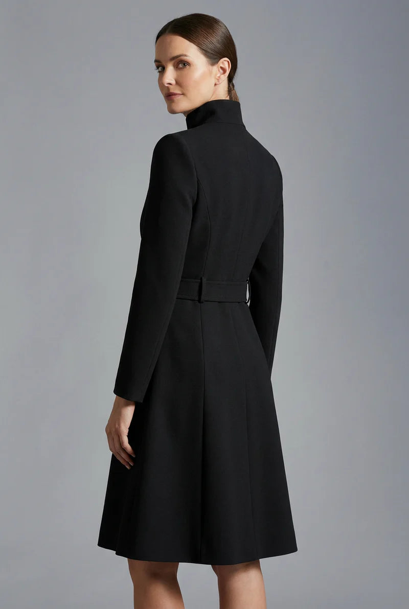 Women's Black High Neck Asymmetric Front Belted coat