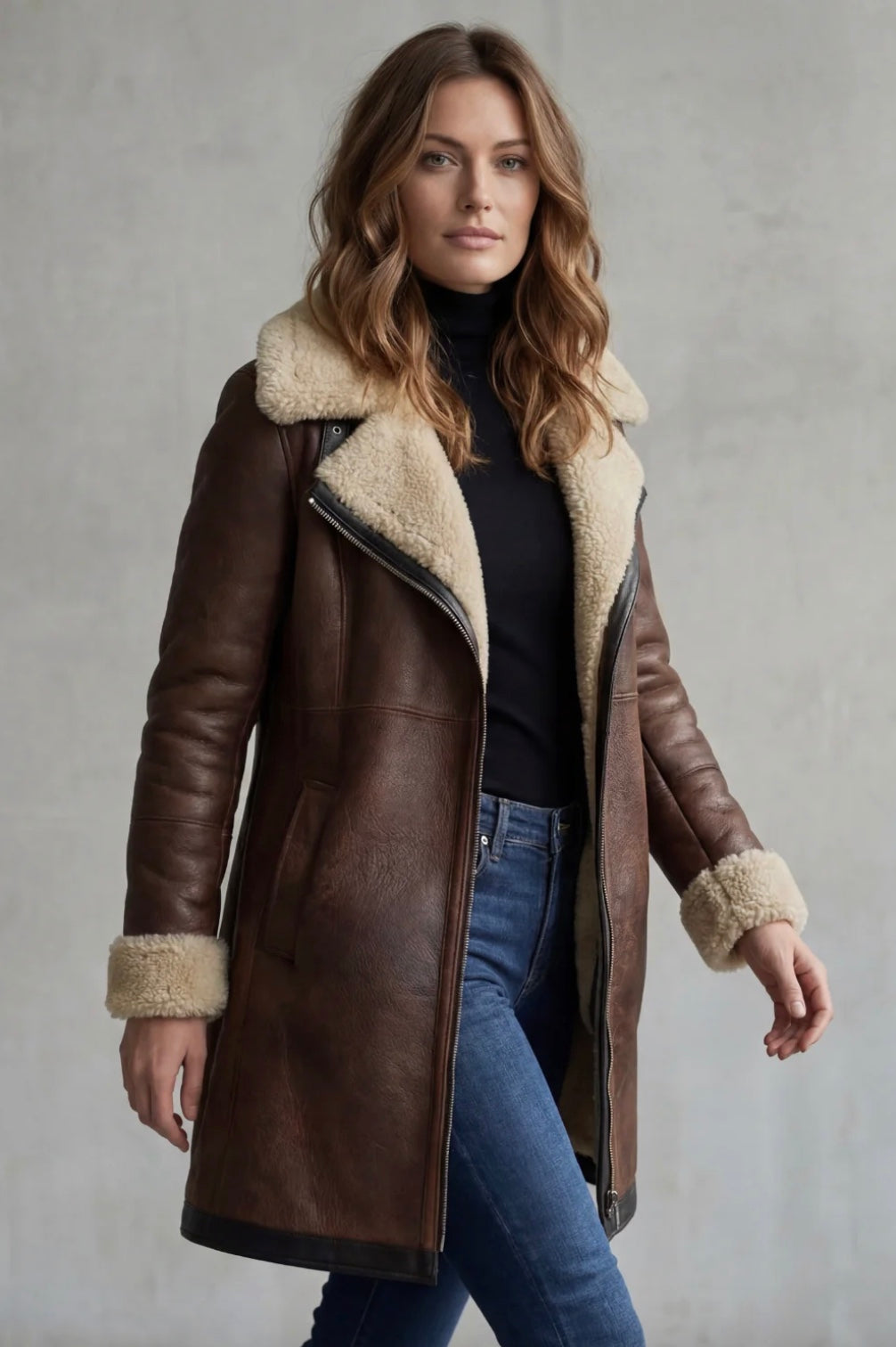 Faux Leather Shearling Lined Longline Coat Women
