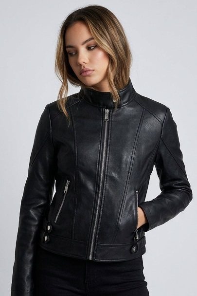 Black Leather Style Zip Up Stand Collar Jacket Women