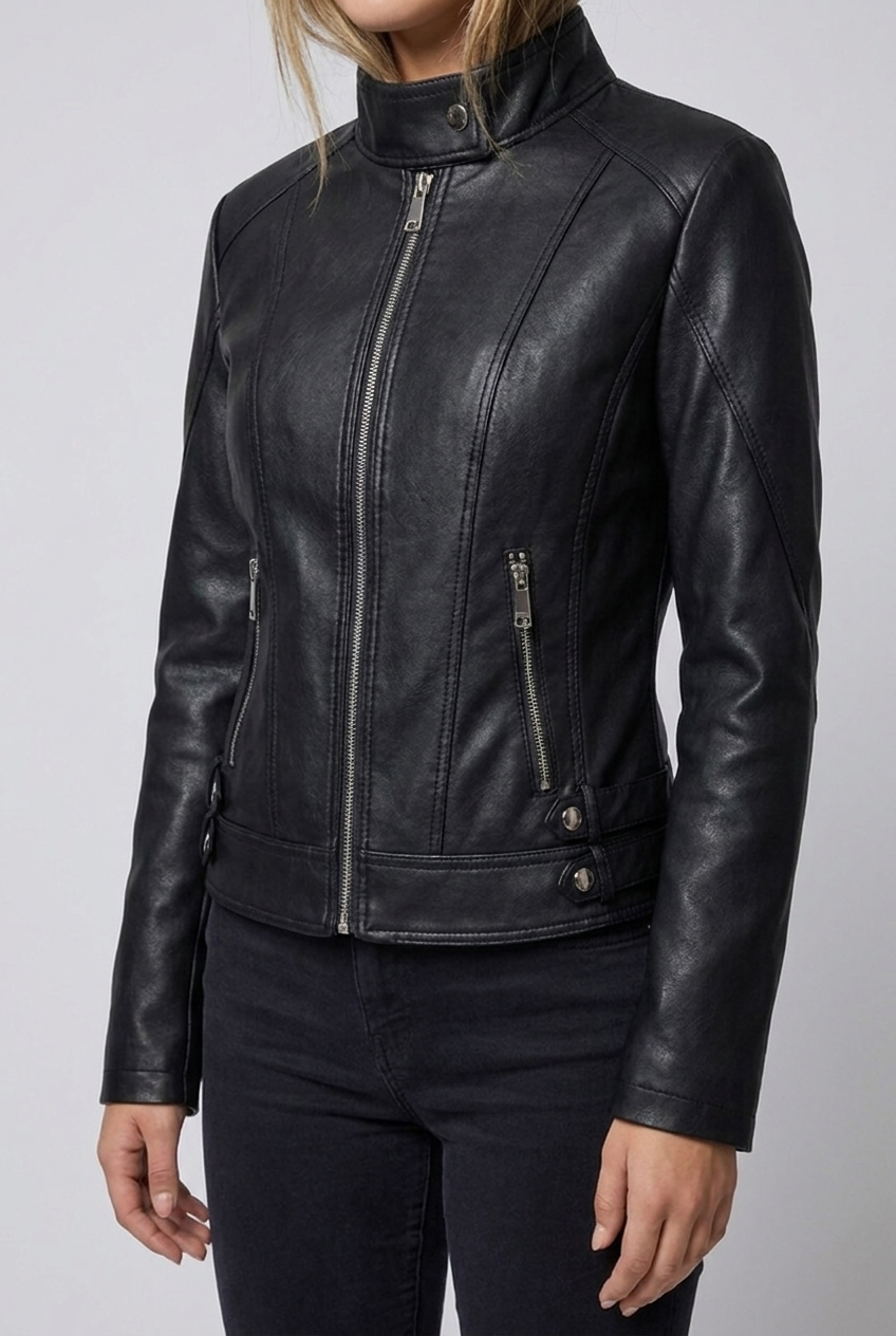 Black Leather Style Zip Up Stand Collar Jacket Women