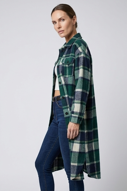Longline Checked Coat With Front Pockets Women