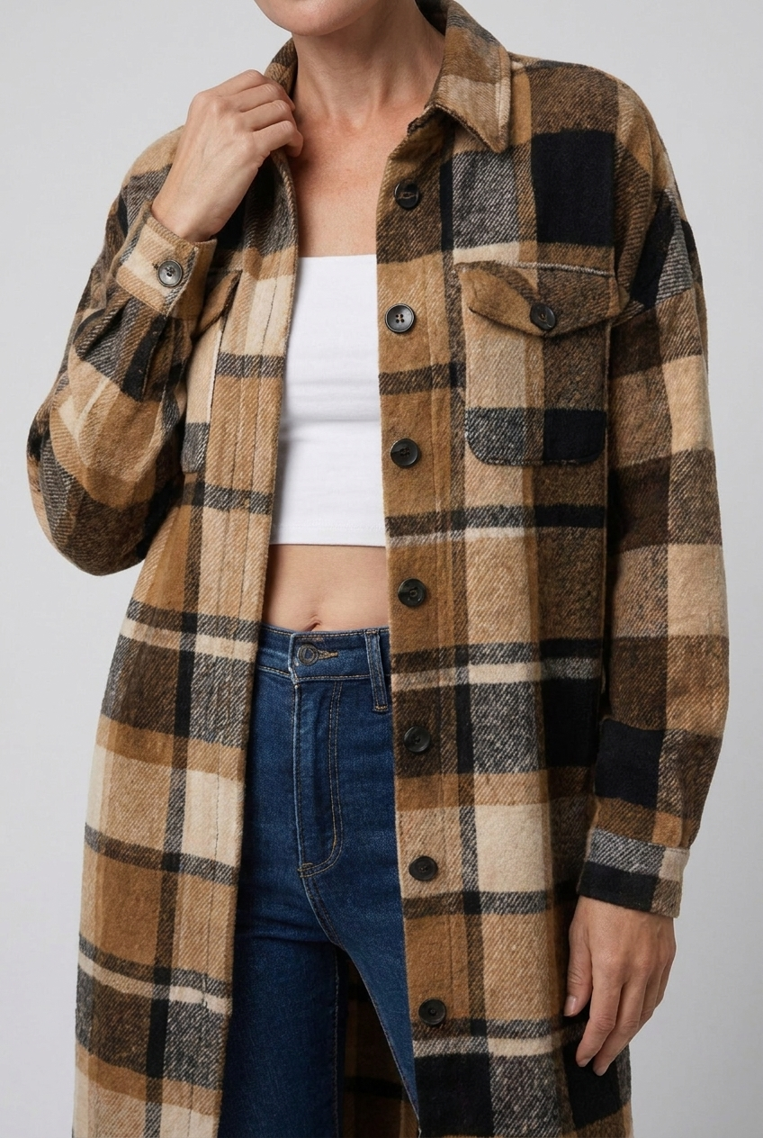 Longline Checked Coat With Front Pockets Women