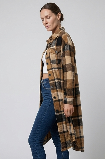 Longline Checked Coat With Front Pockets Women