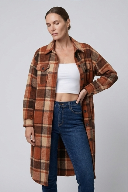 Longline Checked Coat With Front Pockets Women