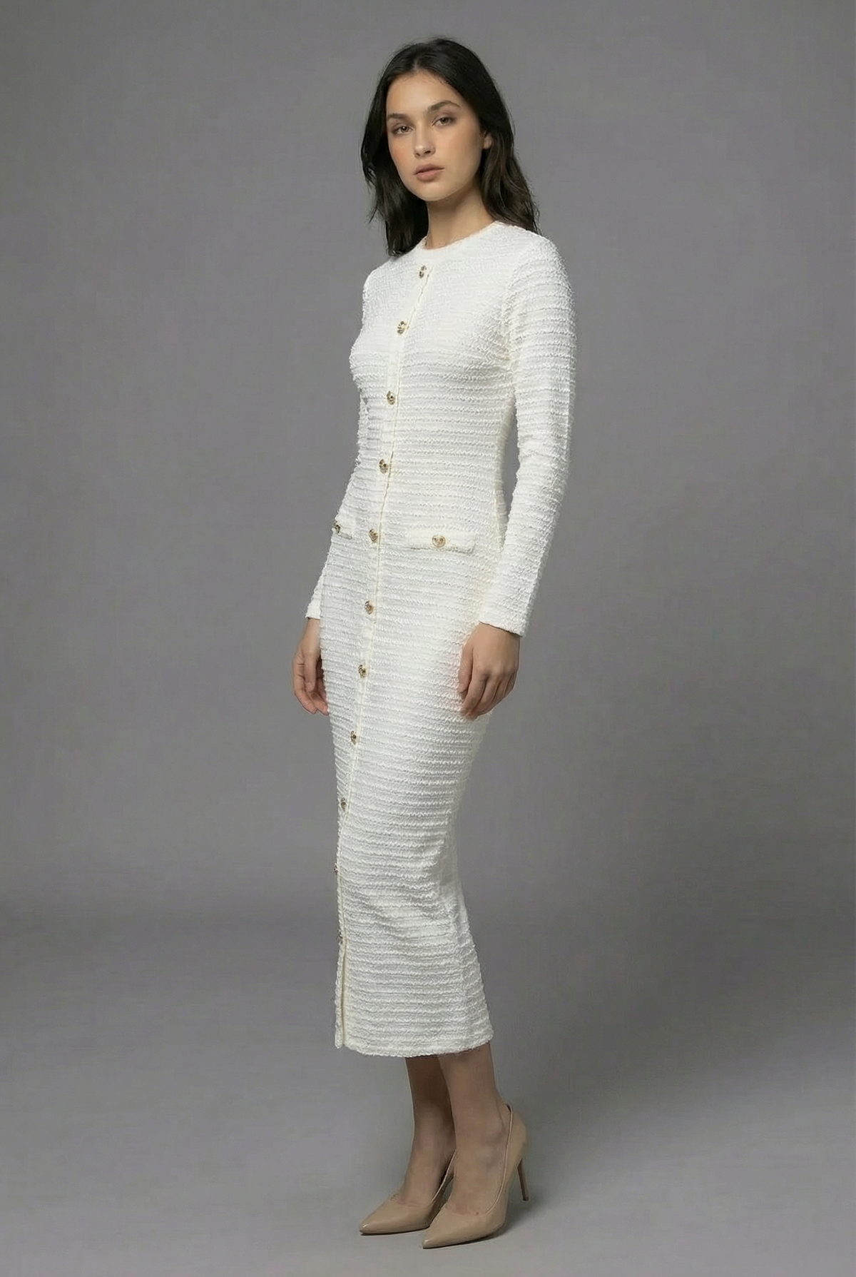 Women’s White Tailored Elegant Long Sleeve Button Front Midi Dress