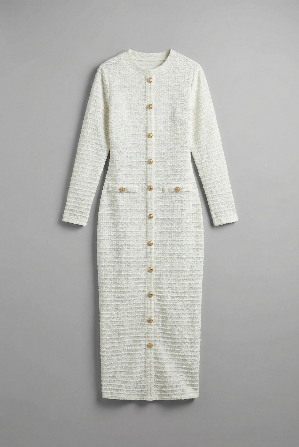 Women’s White Tailored Elegant Long Sleeve Button Front Midi Dress