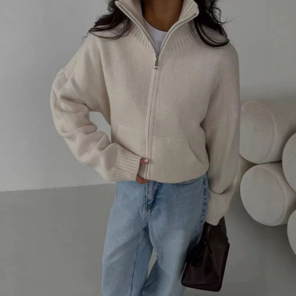 Loose Fit Stand Collar Zip-Up Short Cardigan Women