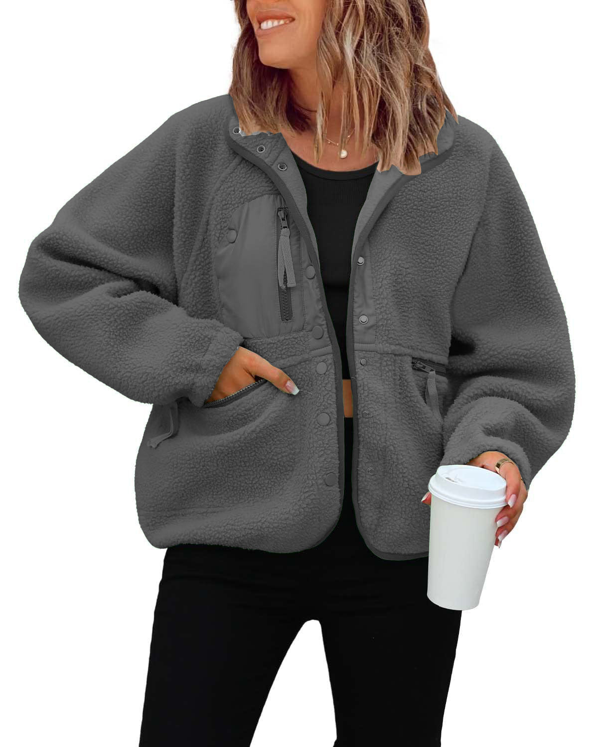 Textured Fleece Style Relaxed Casual Jacket Women