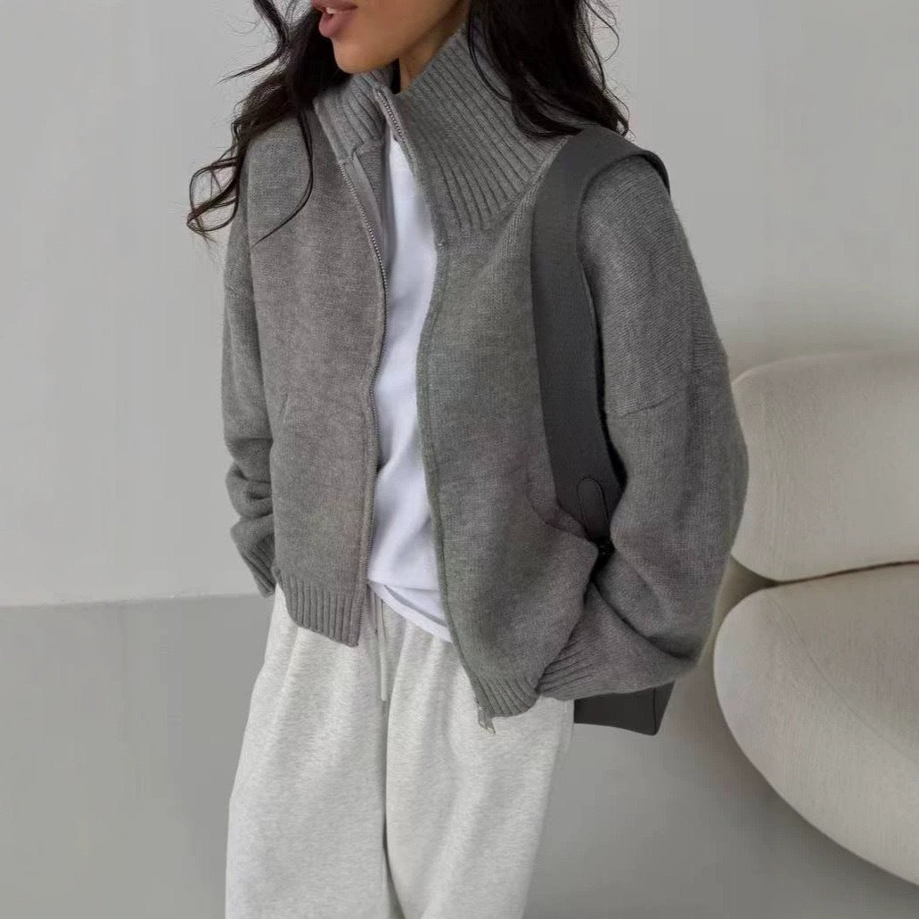 Loose Fit Stand Collar Zip-Up Short Cardigan Women