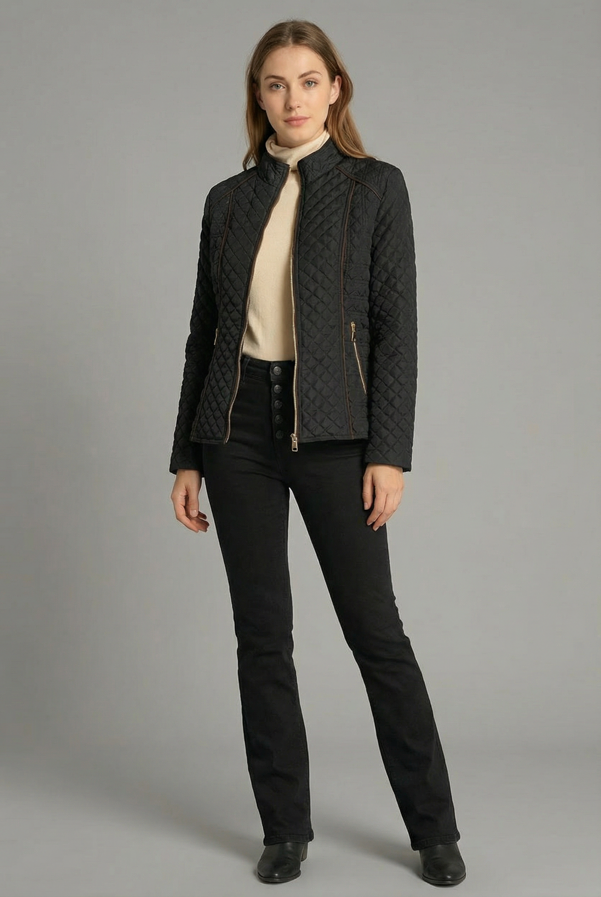 Diamond Quilted Stand Collar Zip Jacket Women