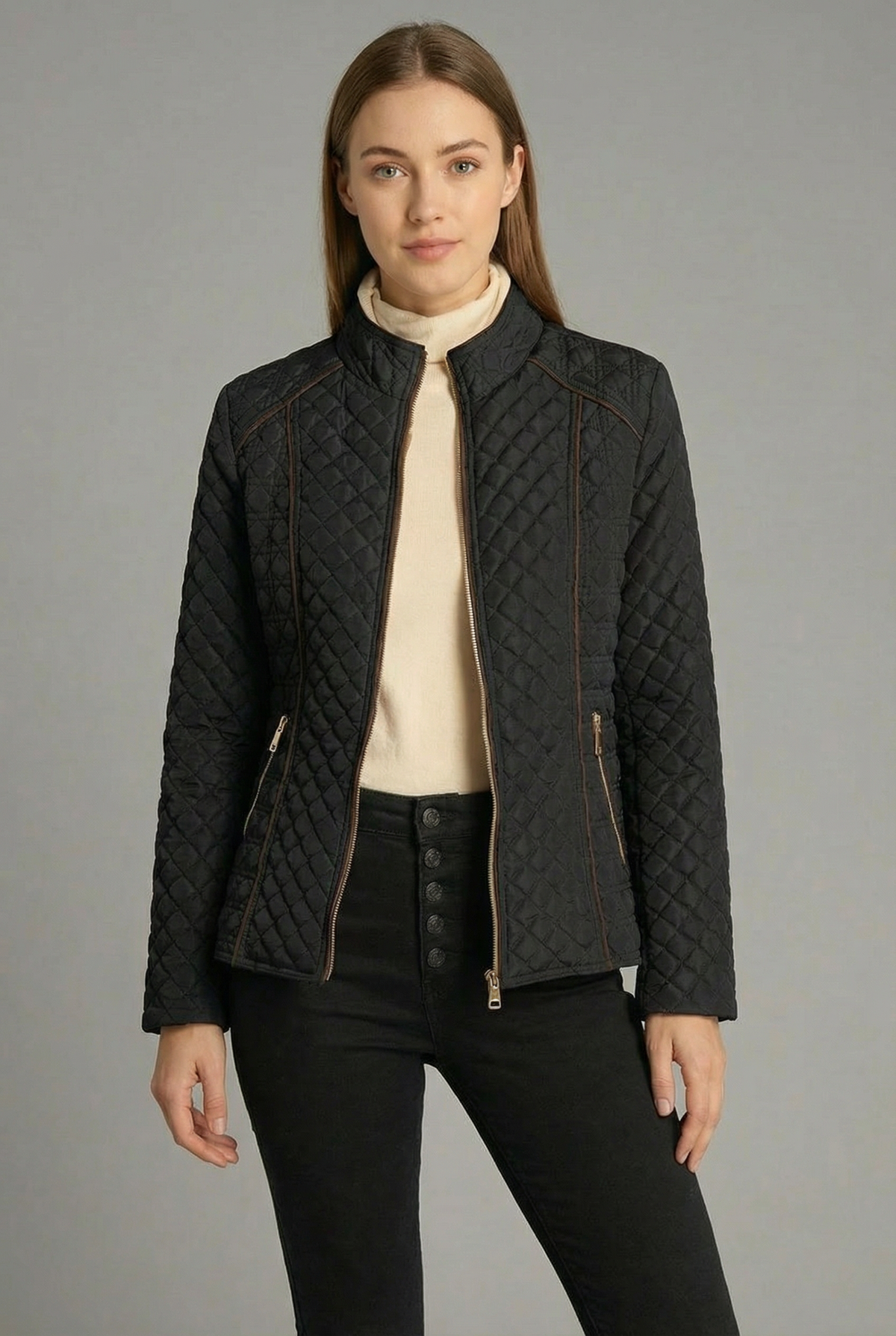 Diamond Quilted Stand Collar Zip Jacket Women