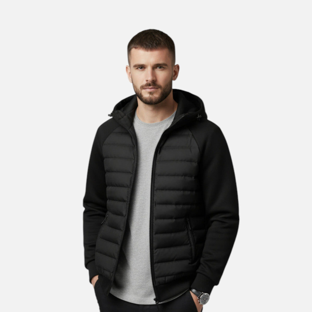 Quilted Panel Hooded Padded Jacket Men