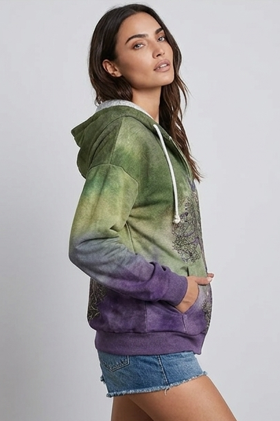 Relaxed Fit Nature Print Zip-Up Fleece Hoodie Women