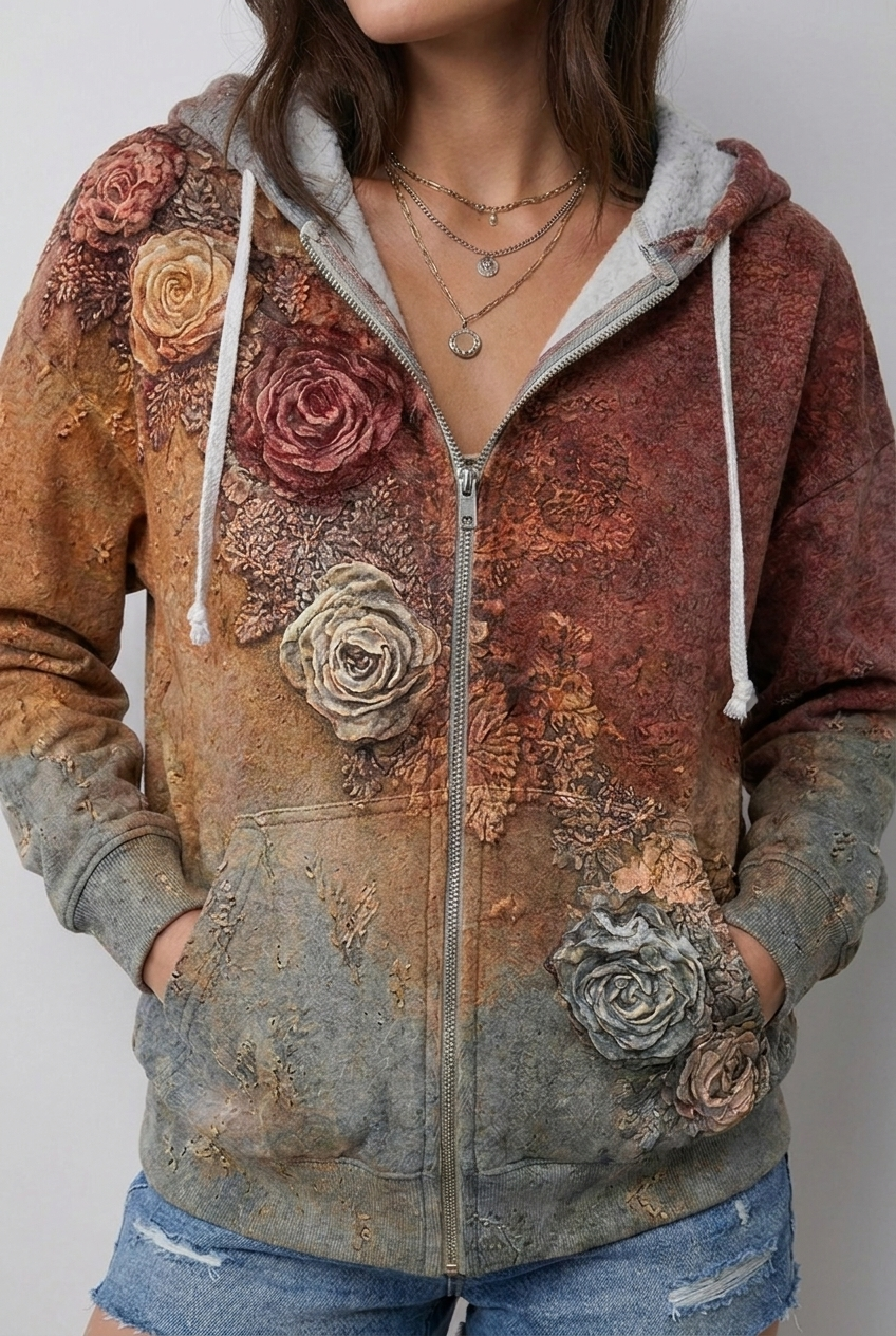 Relaxed Fit Nature Print Zip-Up Fleece Hoodie Women