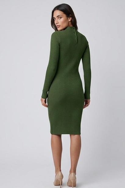 Ribbed Knit Style V-Neck Long Sleeve Midi Dress