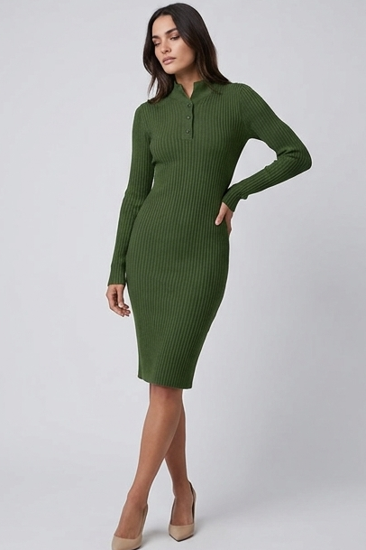 Ribbed Knit Style V-Neck Long Sleeve Midi Dress