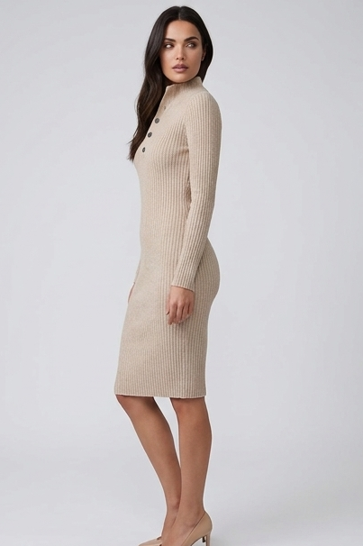 Ribbed Knit Style V-Neck Long Sleeve Midi Dress