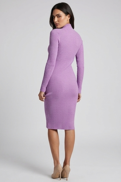 Ribbed Knit Style V-Neck Long Sleeve Midi Dress
