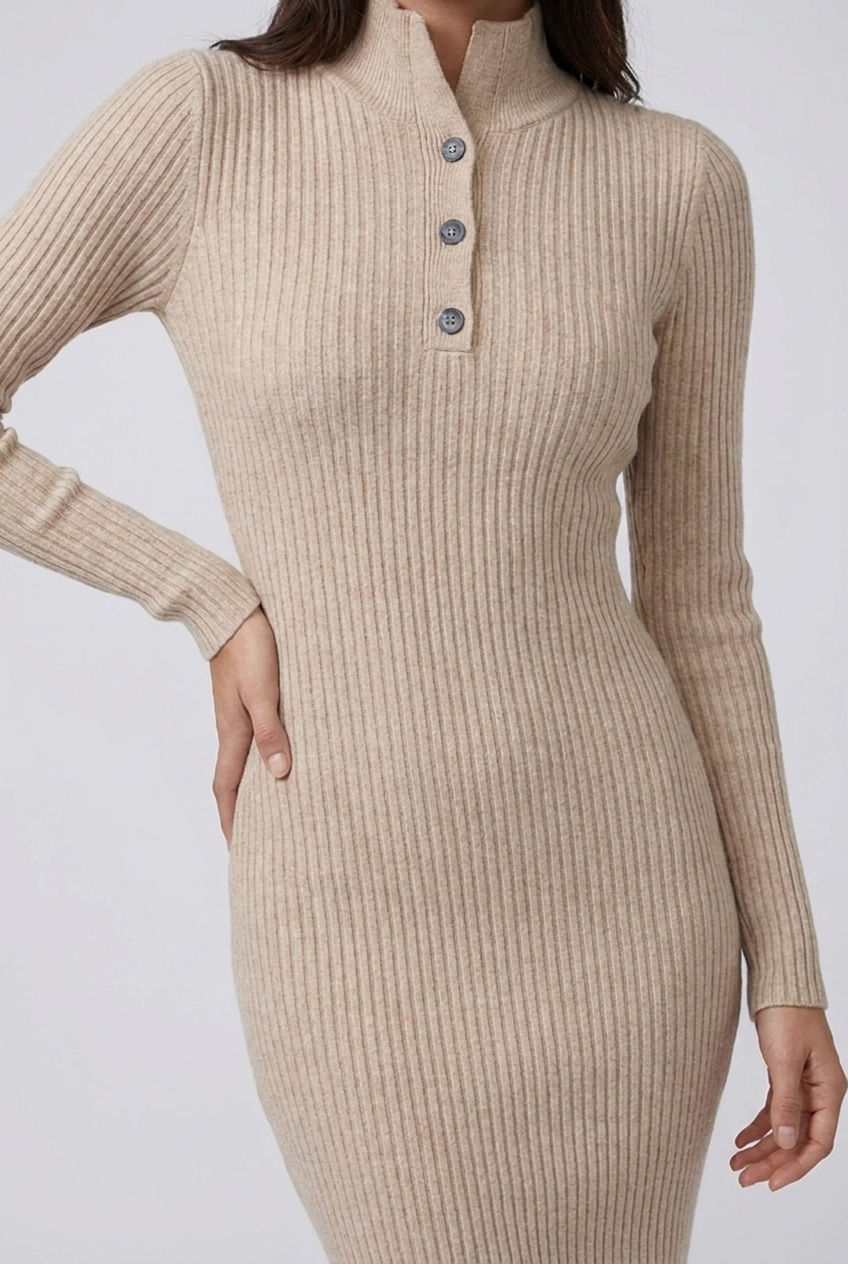 Ribbed Knit Style V-Neck Long Sleeve Midi Dress