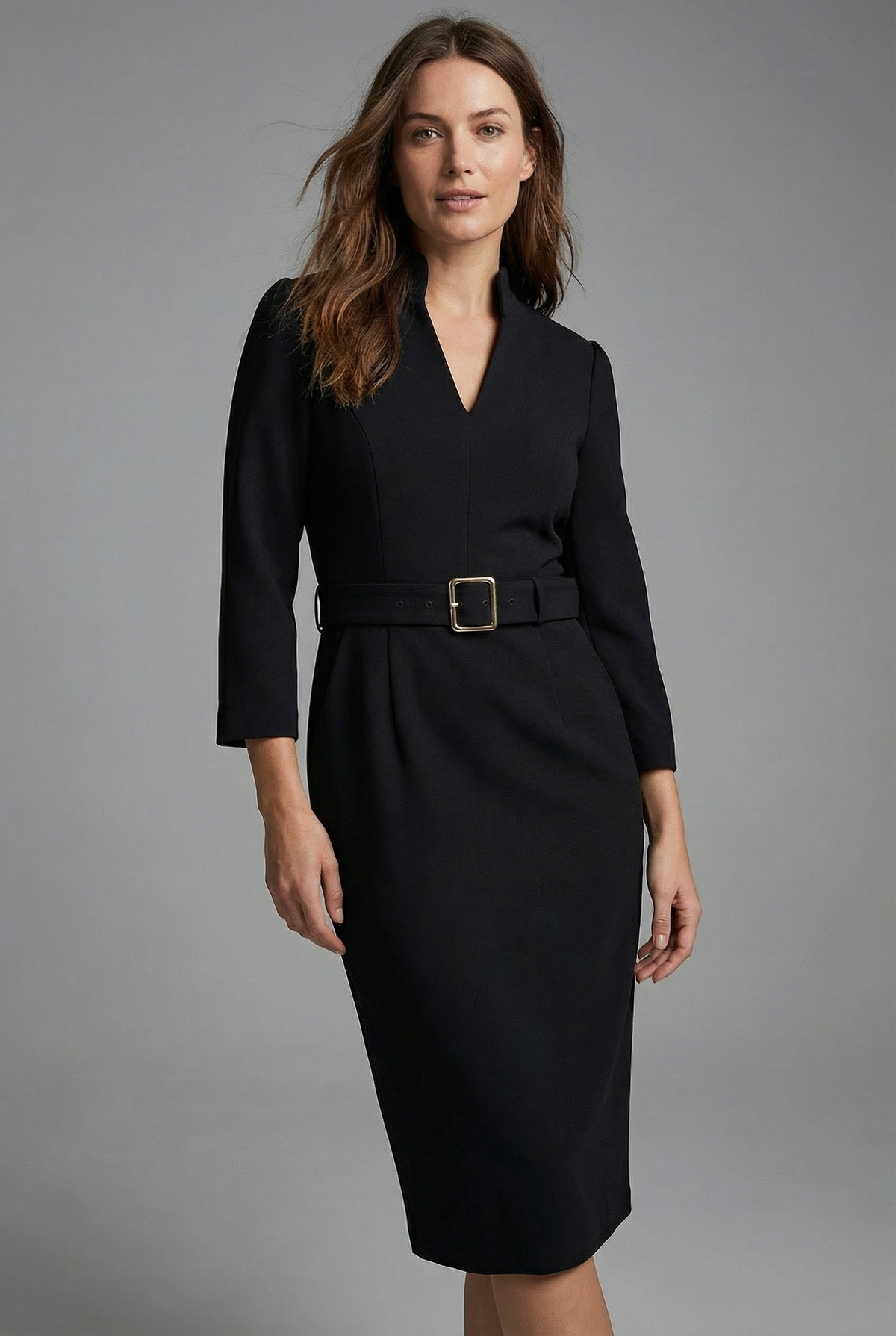 Women’s Black Long Sleeve Midi Sheath Dress with Belt - Business Wear