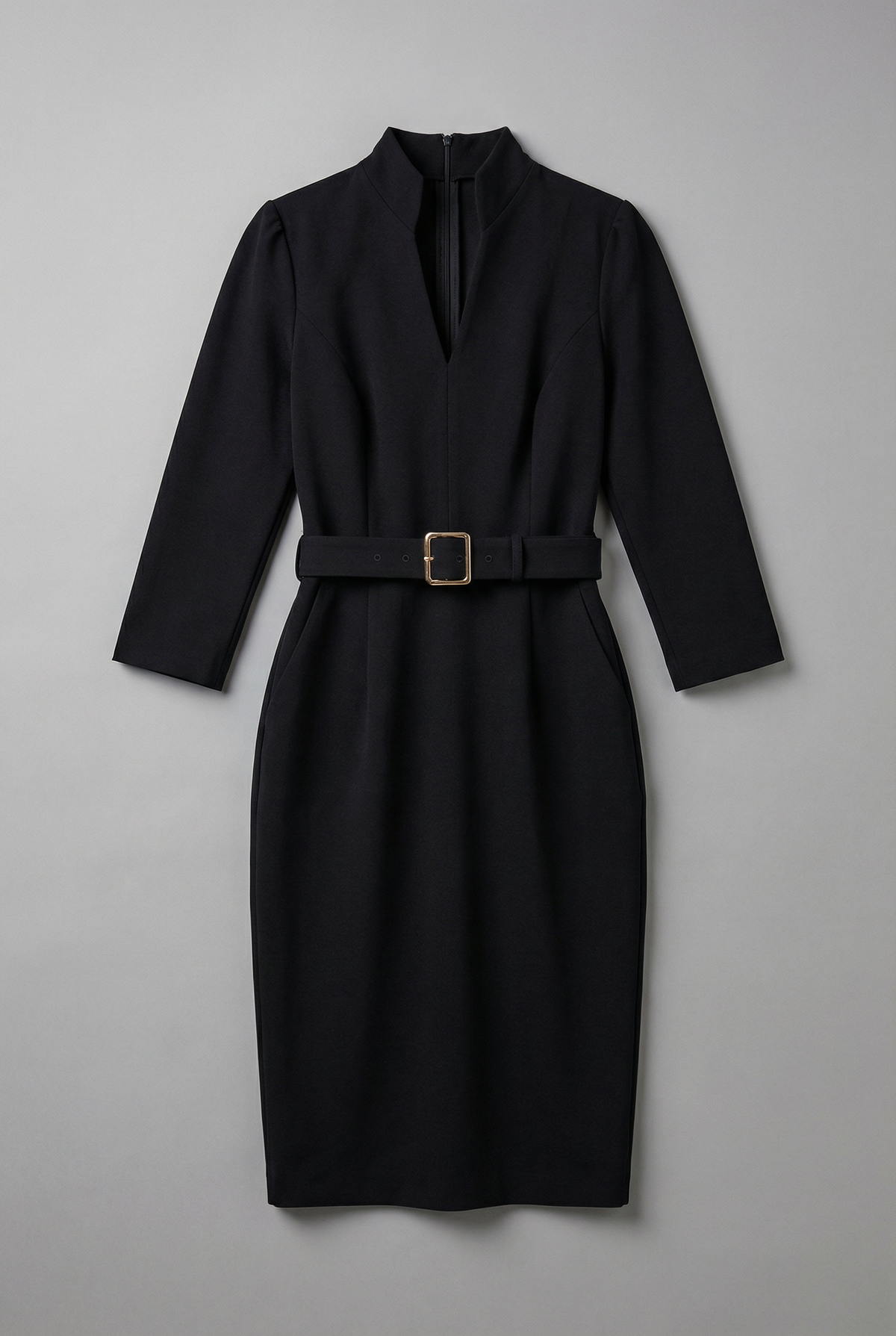 Women’s Black Long Sleeve Midi Sheath Dress with Belt - Business Wear